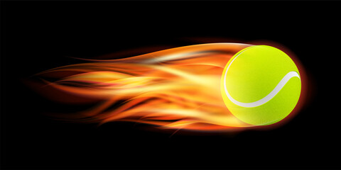 Flaming Tennis Ball. Tennis Ball flying in fire on dark background. © tassel78