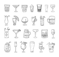 Collection of cocktails in sketch style. Hand drawings in art ink style. Black and white graphics.