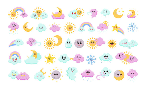 Collection of cute weather characters. Childish illustrations with clouds, sun and moon.