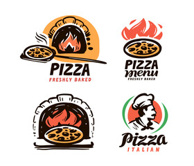 Pizzeria logos. Set of vector badges with pizza. Labels for pizzeria, Italian cuisine restaurant of cafe - obrazy, fototapety, plakaty