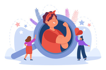 Strong woman showing muscle biceps and fist to tiny girls. Feminist power of union with brave female characters flat vector illustration. Empowerment of women, feminism, gender equality concept