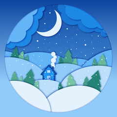 Fototapeta premium Christmas winter landscape background vector illustration in paper cut style. Nature, forest, wood, fir trees, moon, clouds, sky, house in white, blue, green colors. New Year winter vector landscape