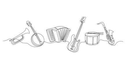 Continuous line musical instruments. Outline jazz and orchestral minimalist instruments, drums guitar violin saxophone trumpet horn. Vector one line