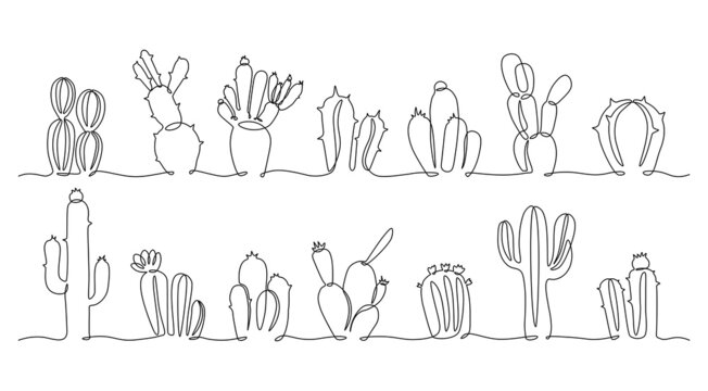 One line cactus. Continuous line doodle Mexican desert plant, hand drawn succulent and cactus exotic botanical collection. Vector graphic set