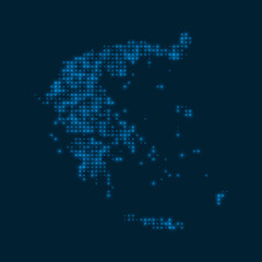 Greece dotted glowing map. Shape of the country with blue bright bulbs. Vector illustration.