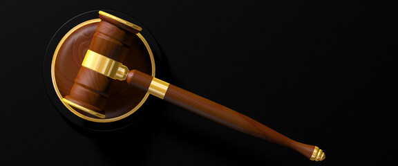 The auction hammer is placed on a wooden platform. placed on a black background.3d