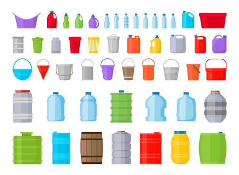 Collection of colored containers for liquids.