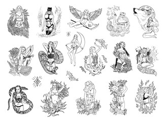 Collection of monochrome illustrations of erotic girls in sketch style. Hand drawings in art ink style. Black and white graphics.
