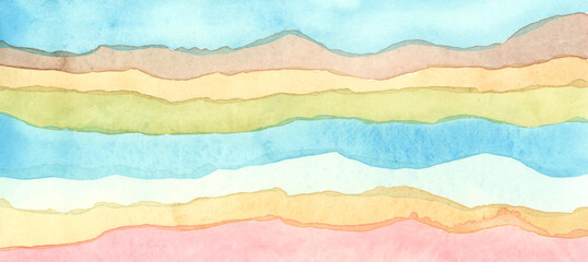 Abstract rainbow acrylic and watercolor wave strip line painting horizontal background. Texture paper.