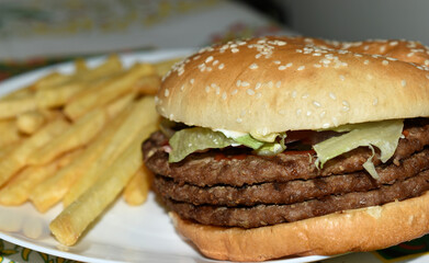 Triple meaty delicious hamburger with nice fries