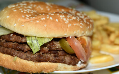 Triple meaty delicious hamburger with nice fries