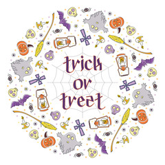 Bright line art round wreath of halloween symbols and trick or treat