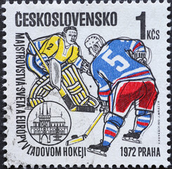 Czechoslovakia Circa 1972: A postage stamp printed in Czechoslovakia showing a Referee, two hockey players at the Bully. Text: Ice Hockey World and European Championships, Prague