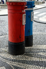 Fototapeta na wymiar traditional red and blue letter boxes on the azores