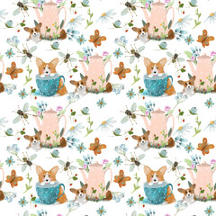 pattern with dogs and flowers, summer motifs with tea drinking and insects