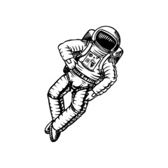 Astronaut spaceman. Astronomical galaxy space. Cosmonaut explore adventure. Engraved hand drawn in old sketch, vintage style for label or T-shirt.