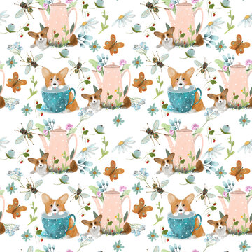 pattern with dogs and flowers, summer motifs with tea drinking and insects