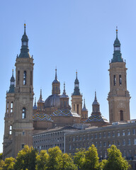 Zaragoza, Spain - 23 Oct, 2021:Basilica of Our Lady of the Pillar and the River Ebro, Zaragoza, Aragon, Spain