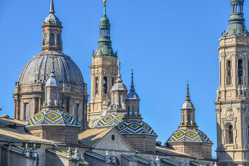 Zaragoza, Spain - 23 Oct, 2021: Roof details on the Cathedral Basilica of Our Lady of the Pillar, Basilica de Nuestra Senora del Pilar, in Zaragoza, Aragon, Spain