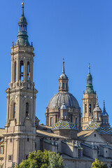 Fototapeta na wymiar Zaragoza, Spain - 23 Oct, 2021: Roof details on the Cathedral Basilica of Our Lady of the Pillar, Basilica de Nuestra Senora del Pilar, in Zaragoza, Aragon, Spain