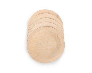 Eco-friendly wooden disposable cutlery. Round plates on white background