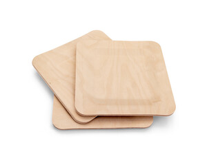 Eco-friendly wooden disposable cutlery. On white background plates square background