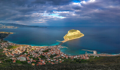 Aerial view of the old medieval castle town of Monemvasia in Lakonia of Peloponnese, Greece....