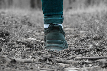 sneakers on the path. girl stands with her foot in the woods. illustration of travel. black shoes...