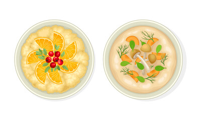 Porridge with Sliced Orange and Mushroom Creamy Soup as Vegetarian Dish Above View Vector Set