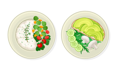 Porridge with Vegetables and Sandwich with Avocado as Vegetarian Dish Above View Vector Set