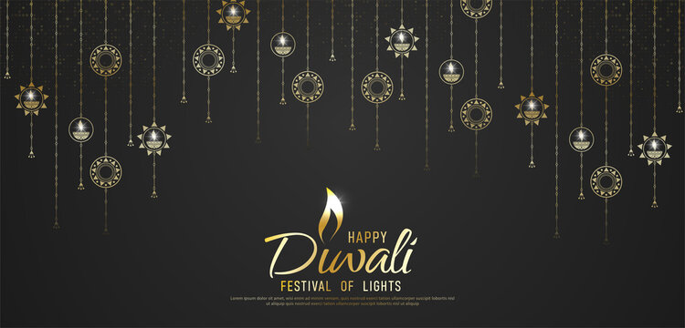 Happy Diwali - festival of lights colorful banner template design with decorative diya lamp.