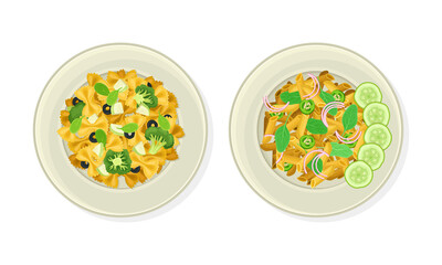 Pasta with Green Vegetables and Potherbs as Vegetarian Dish Above View Vector Set