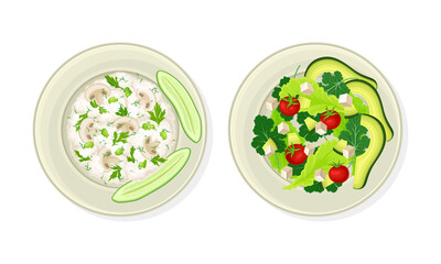 Porridge with Mushroom and Green Salad with Vegetables as Vegetarian Dish Above View Vector Set
