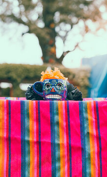 Calavera de d&iacute;a de muertos y calabaza de Halloween celebraciones combinadas en un hermoso paisaje 19