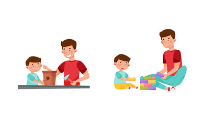 Loving Father and His Son Making Nesting Box and Playing Toy Blocks Spending Weekend Together Vector Set