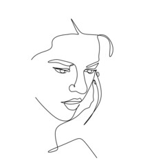 continuous drawing with one line the face of a thoughtful woman