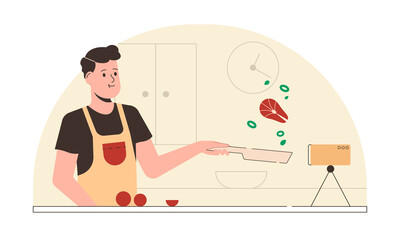 Illustration of a young man, cooking blogger, in front of the camera in the kitchen. Flat vector design.
