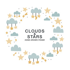 Baby bedtime cartoon frame with clouds and stars