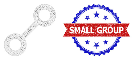 Small Group grunge seal imitation, and link icon polygonal structure. Red and blue bicolor stamp seal contains Small Group title inside ribbon and rosette. Abstract flat mesh link,