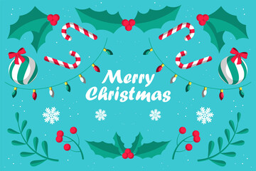 Christmas background with flat leaves and candy. Vector.