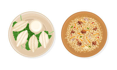 Traditional Dish of Uzbek Cuisine with Pilaf and Dumplings Served on Plate Above View Vector Set