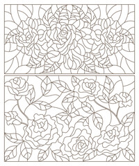 Set of contour illustrations in stained glass style with abstract rose flowers, dark outlines on a white background, rectangular image