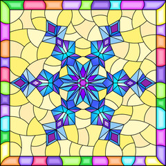 Illustration in stained glass style with an openwork snowflake on a yellow background, square image in a bright frame