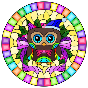 Illustration in stained glass style on the theme of the winter holidays of Christmas and New year, a toy owl on the background of Holly branches, round image in bright frame