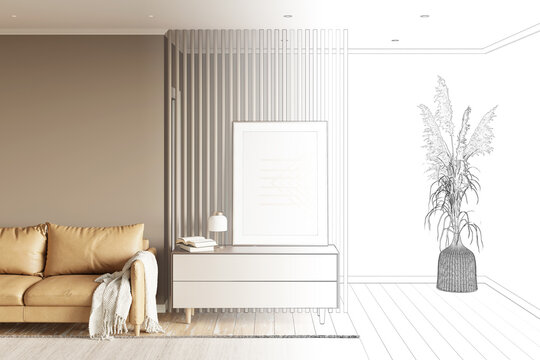 A sketch becomes a real room with brown walls, a vertical poster on a dresser near the partition, a  blanket on a leather sofa, pampas grass and in a wicker vase, a carpet on a wooden floor. 3d render