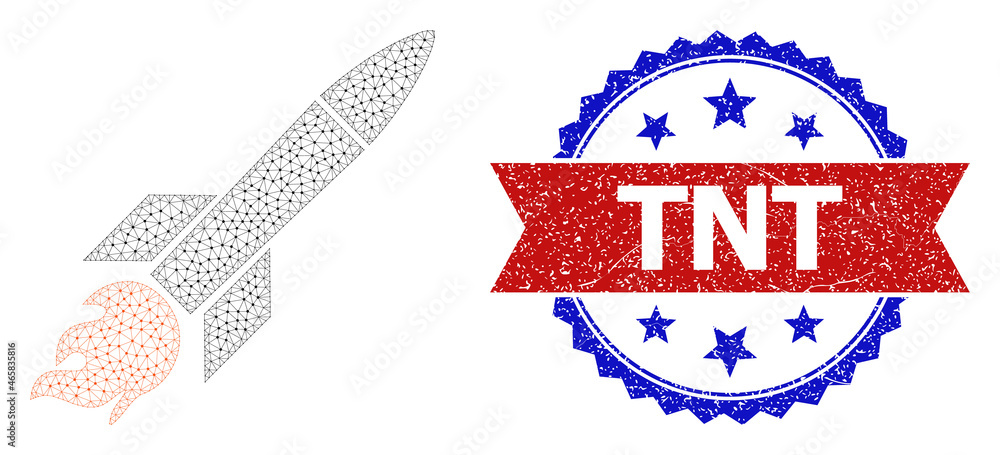 Poster tnt textured seal print, and missile icon triangular model. red and blue bicolor stamp seal has tnt 