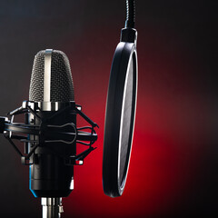 Professional studio microphone and pop filter on a beautiful red-black background. Close-up....