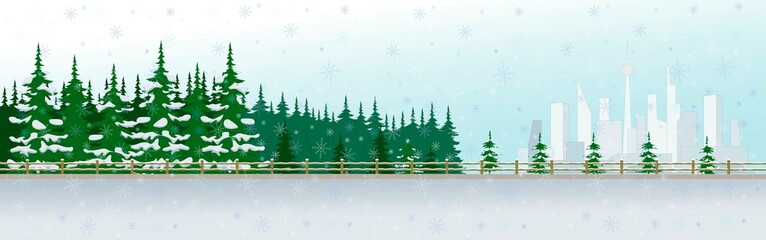Fototapeta premium Winter landscape with a snowy forest and a silhouette of a big city.