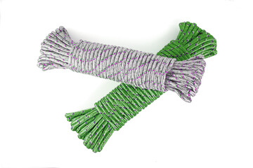 Coiled Nylon Ropes grey and green. Used to store or dry things.