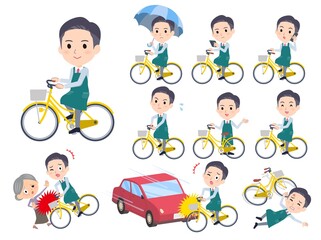 シティサイクルに乗ったスーパーマーケット店員男性のセット